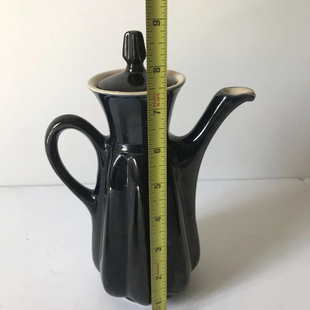 MCM blue black octagonal ceramic teapot creamer sugar set‎ artist signed